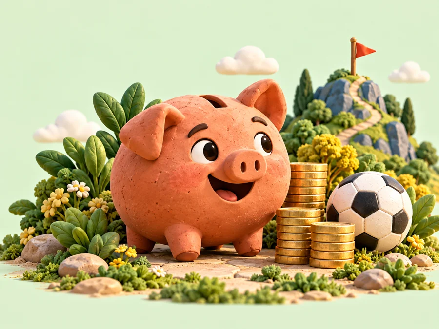 Alcancía de barro con monedas y un balón para una meta de ahorro