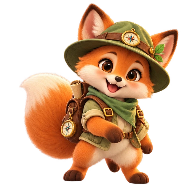 Lumi, la zorrita exploradora de Numeria, con su sombrero verde y mochila