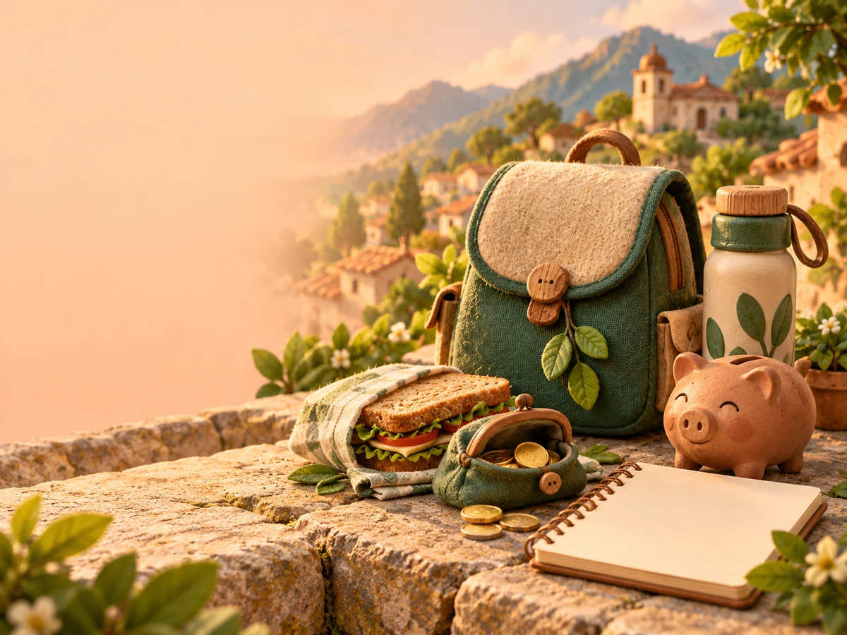 Una mochila de picnic, agua y monedas para planear una salida