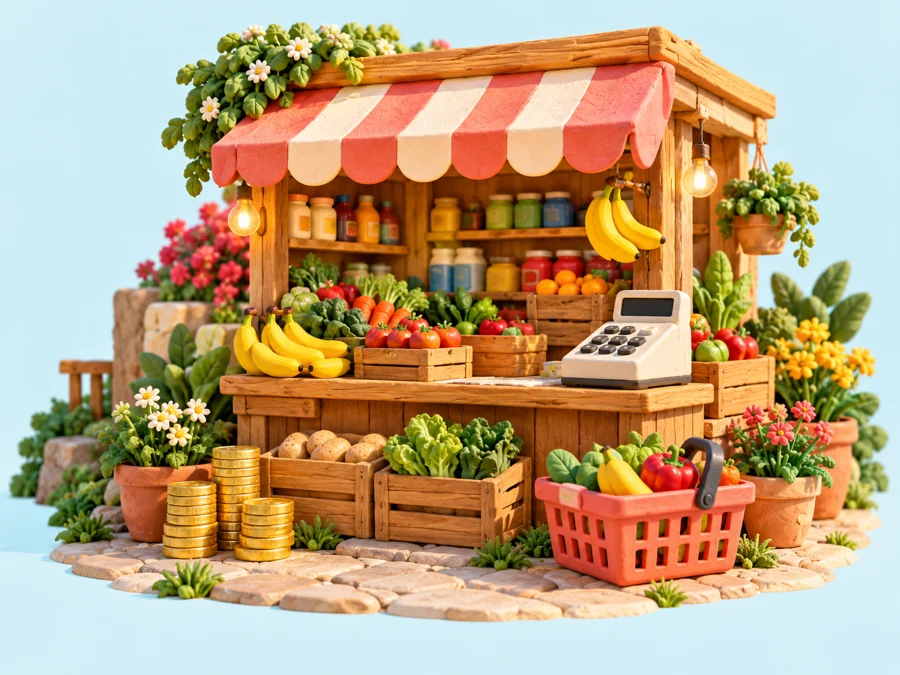 Una pequeña tienda de barrio con frutas, caja registradora y monedas