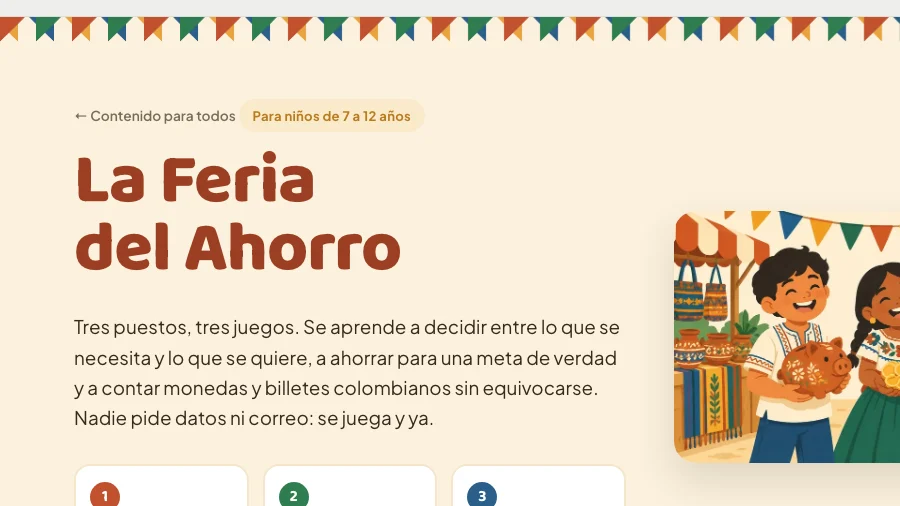 Banderines de colores y el título La Feria del Ahorro sobre fondo papel