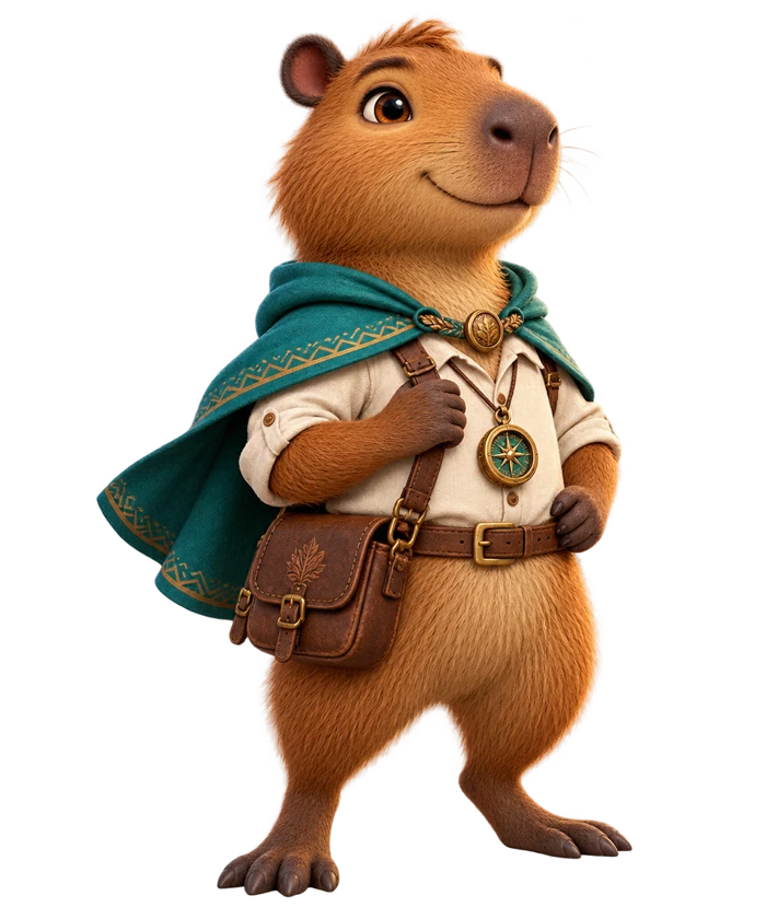 Tilo, capibara explorador con capa turquesa